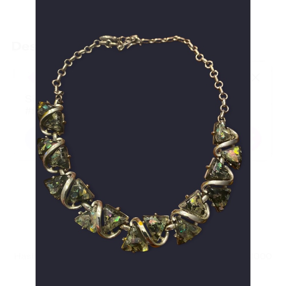 Vintage Unsigned Coro AB Confetti Lucite Tile & Silver Tone Art Deco Choker